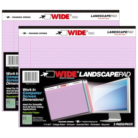 Roaring Spring Legal Pad, Landscape, Orchid/Blue/Pink, 3 Per Pack, PK2 74535